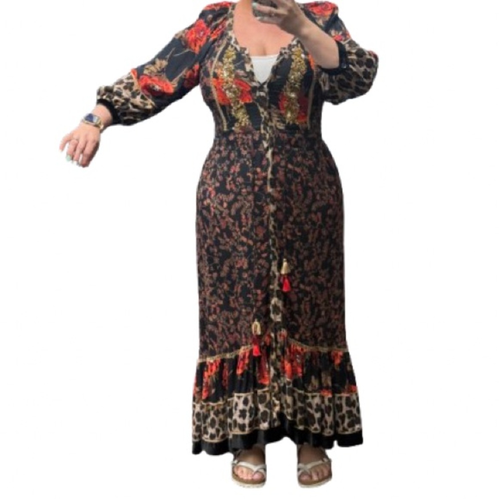 Brown and Orange Tiered Ruffled Long Sleeve Dress